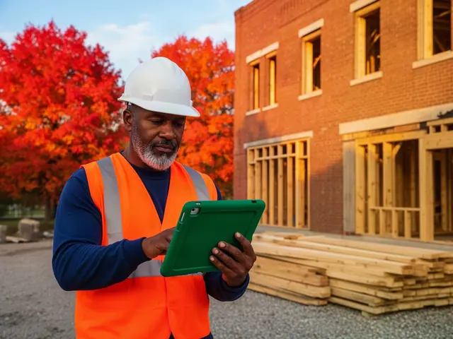Builder in a white hard hat and orange safety vest uses a green tablet outside a brick building renovation