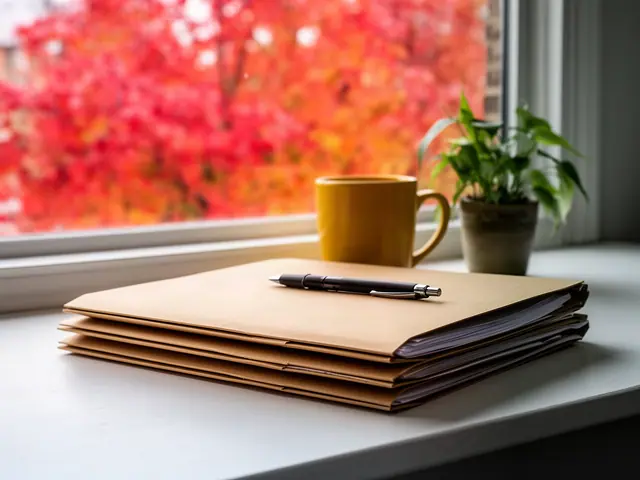 Stack of kraft file folders with a pen beside a mustard mug and plant on a sunny windowsill