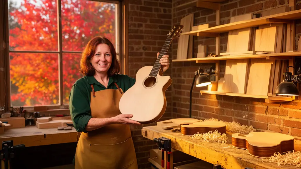 Smiling luthier in a green shirt and leather apron holds up an unfinished acoustic guitar in her brick workshop