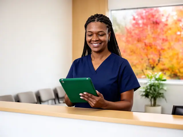 Smiling clinic office manager in navy scrubs reads a green tablet at a light wood reception desk