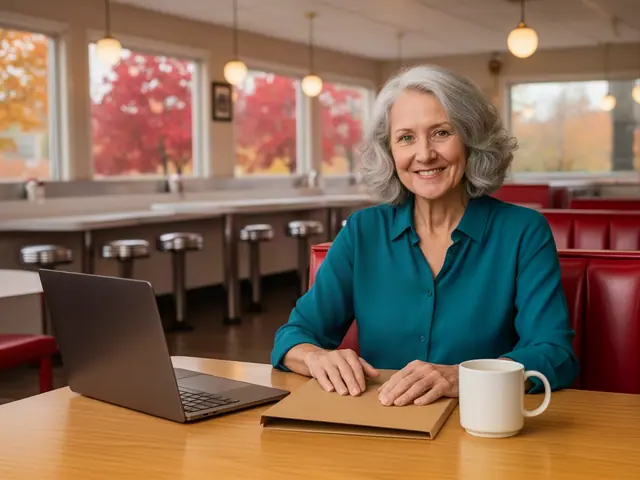 Grey-haired diner owner in a teal blouse at a table with a closed folder, laptop and coffee mug
