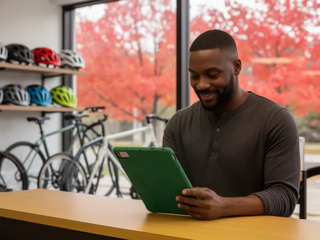 Smiling bike shop owner in a charcoal henley checking a green-cased tablet beside helmets and bicycles