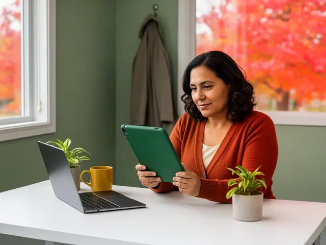 Woman in a rust cardigan reviewing a green-cased tablet at a white desk with a laptop and mug