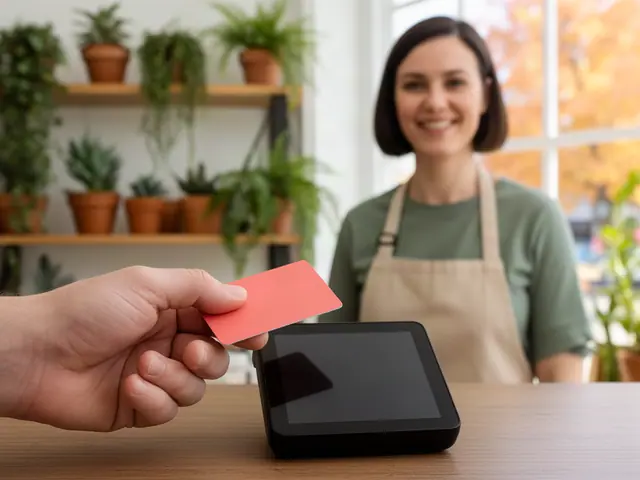 Customer hand tapping a coral payment card on a black terminal at a plant shop counter, owner smiling behind