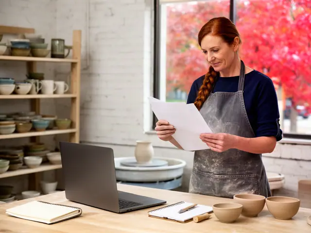 Pottery studio owner in a clay-dusted grey apron reading printed pages beside a laptop and handmade bowls